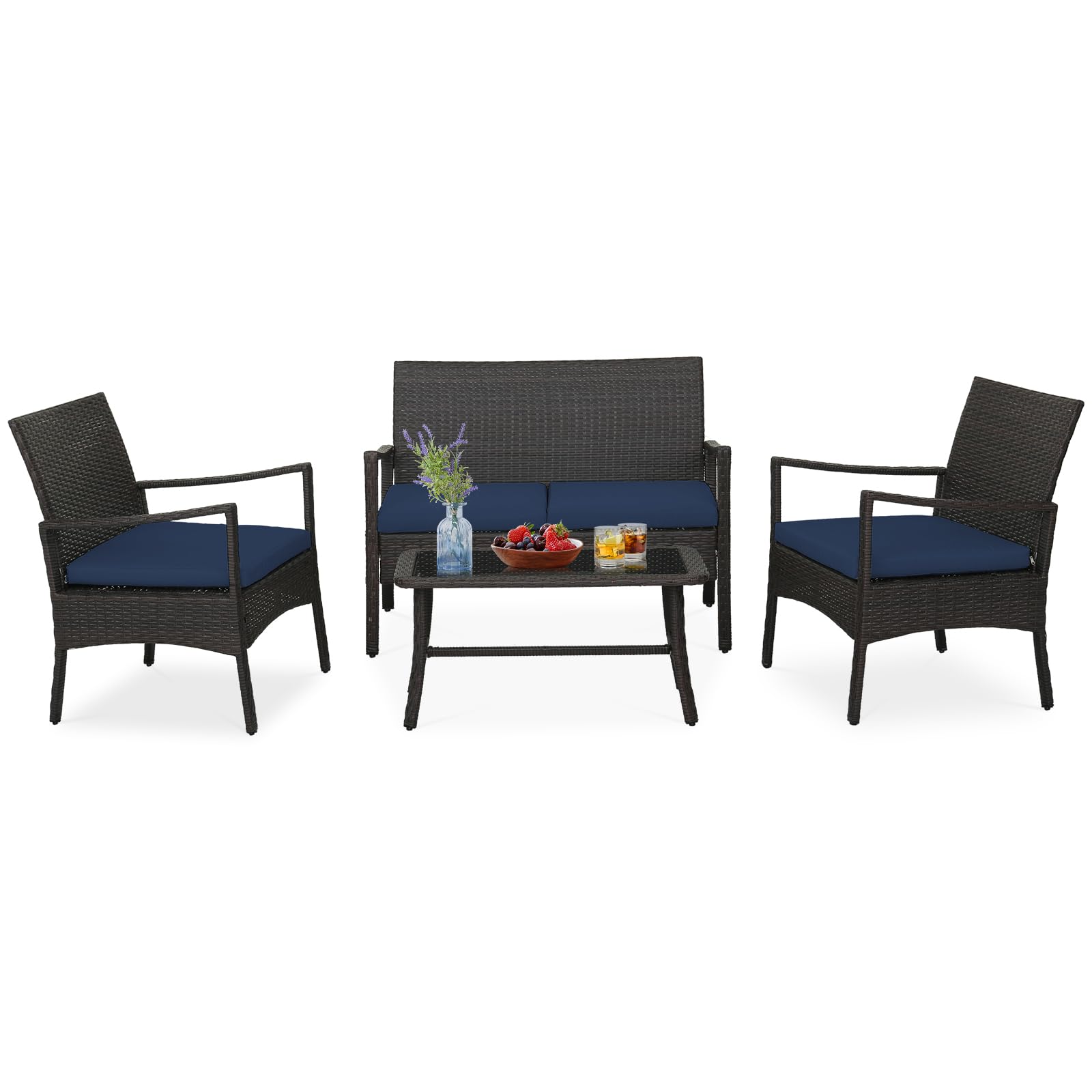 Ensemble de conversation d'extérieur 4 pièces Tangkula, canapé de patio en résine tressée avec table basse en verre trempé